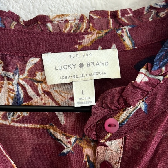 Lucky Brand Ruffled Floral Print Button Up Shirt Chiffon Semi Sheer Large - Picture 3 of 6